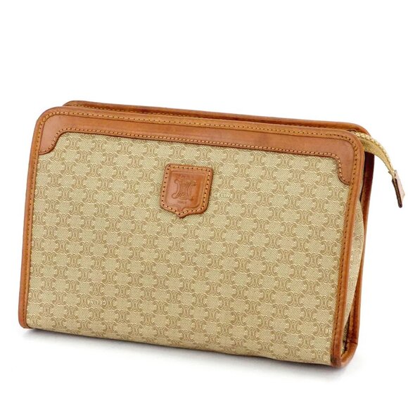 CELINE clutch bag macadam beige PVC ?~ leather Authentic used T17448